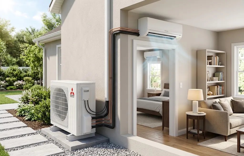 Outdoor mini split unit next to a home